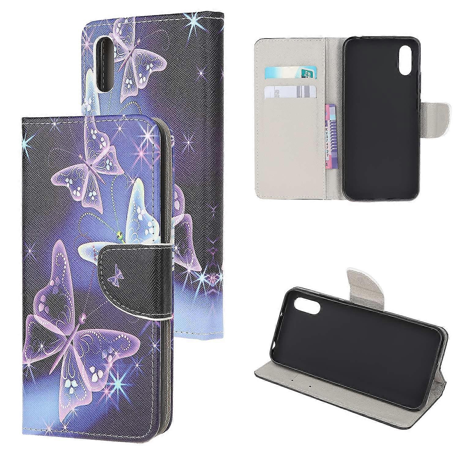 Cross Texture Patterned Leather Wallet Shell for Xiaomi Redmi 9A - Beautiful Butterfly