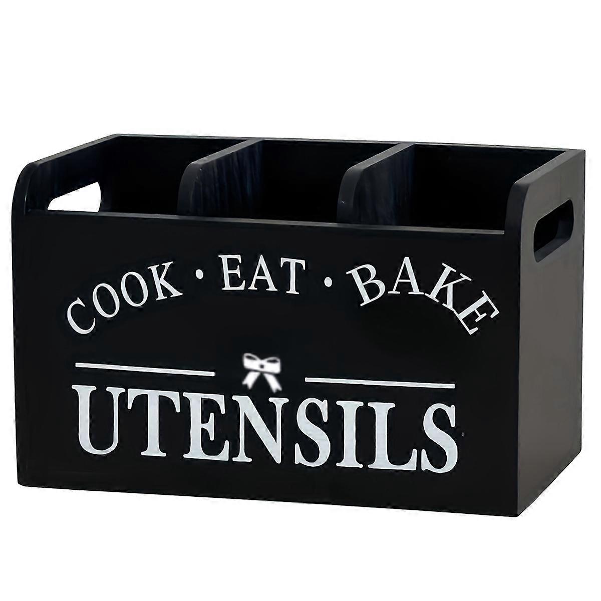 Kitchen Utensil Rack with Three Compartments Rustic Wooden Storage Box Vintage Tableware Farmhouse D