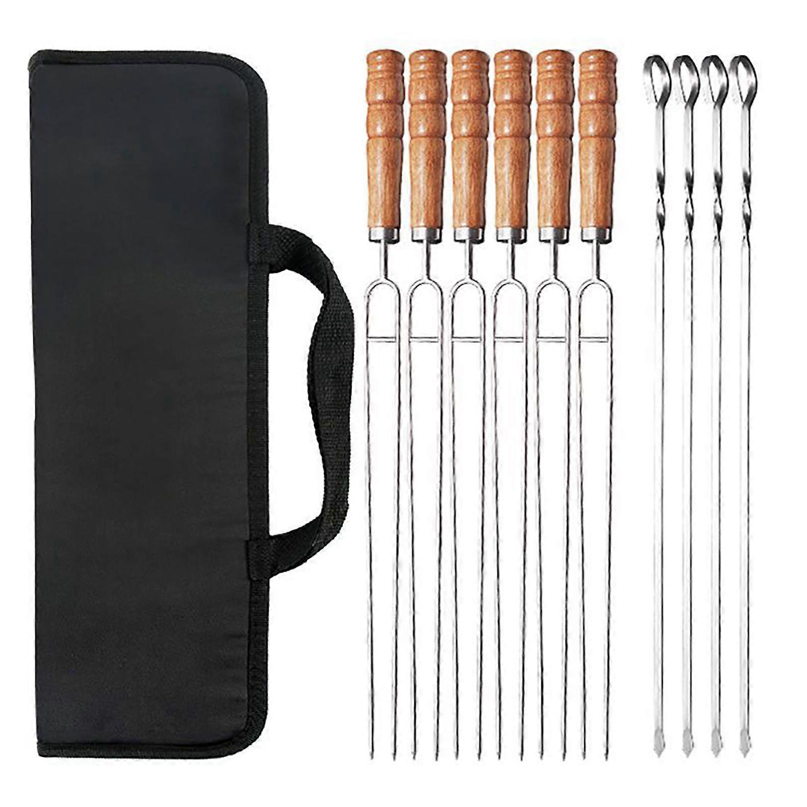 Barbecue Skewers 201 Stainless Steel U Shaped Reusable BBQ Fork Sticks with Wooden Handle for Grilling