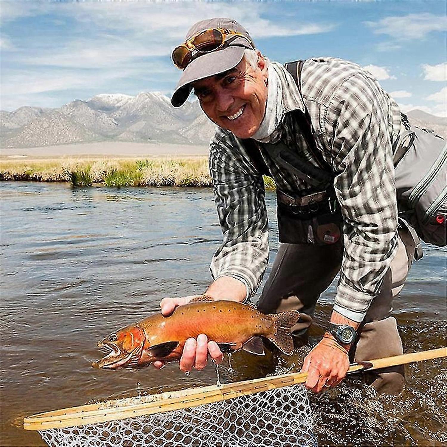 Fly Fishing Landing Net Trout Fishing Net, Soft Rubber Catch and Release Fish Net with Wooden Handle