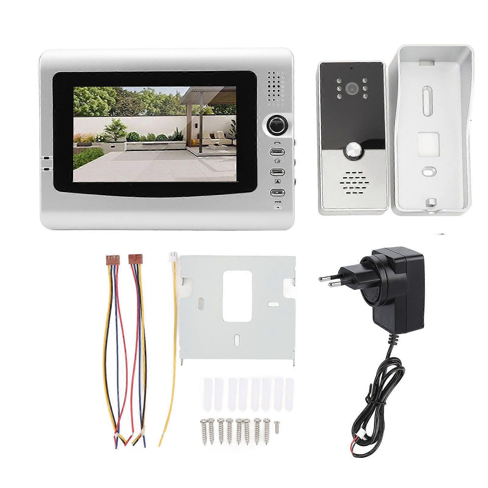 Wired Video Intercom System Smart Infrared Video Doorbell Camera with 7 Inch TFT Color Screen Display for Home Security EU Plug Black Silver