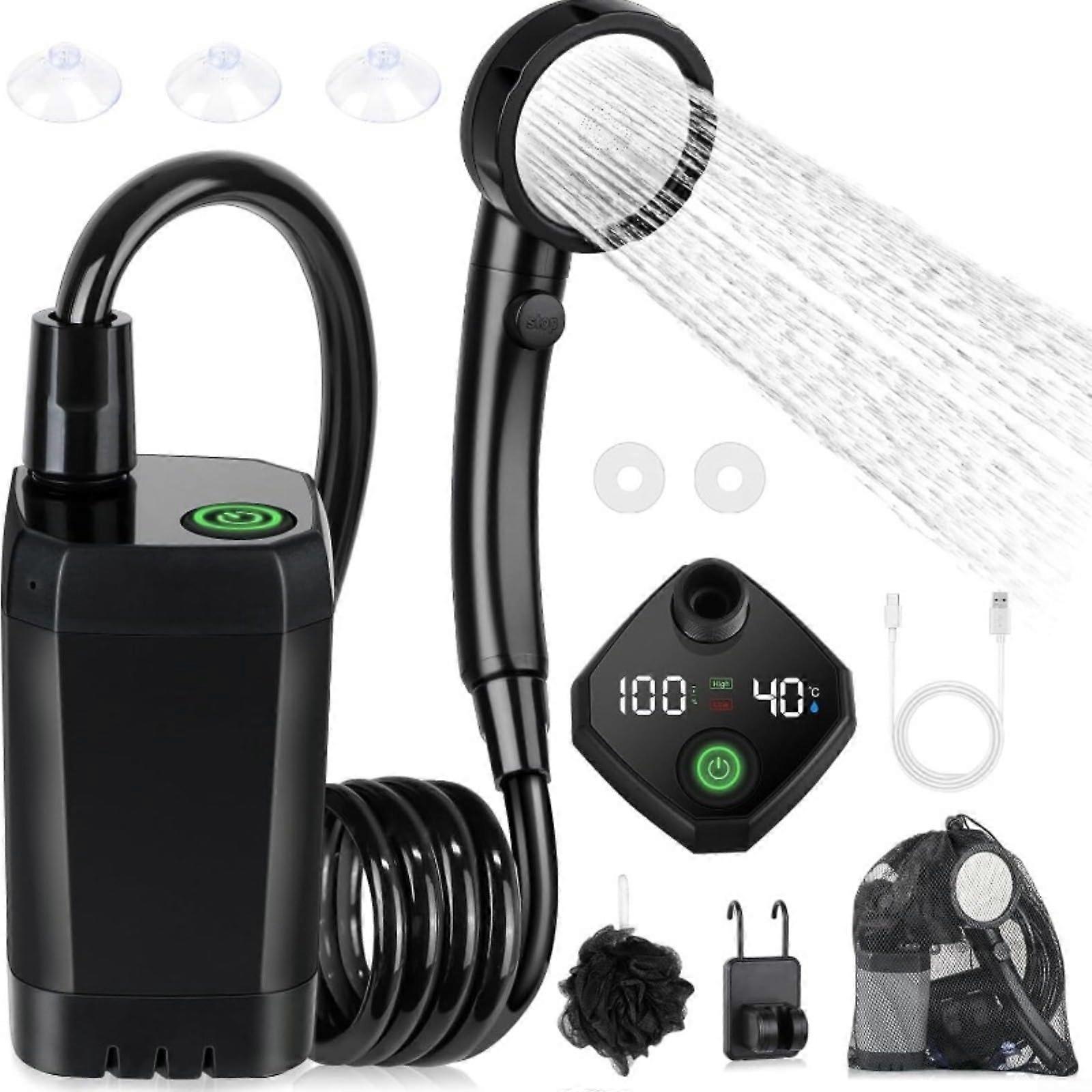 Portable Camping Shower 6000mAh USB Rechargeable Outdoor Bathing System With LED Display And Adjustable Modes Black For Hiking Beach
