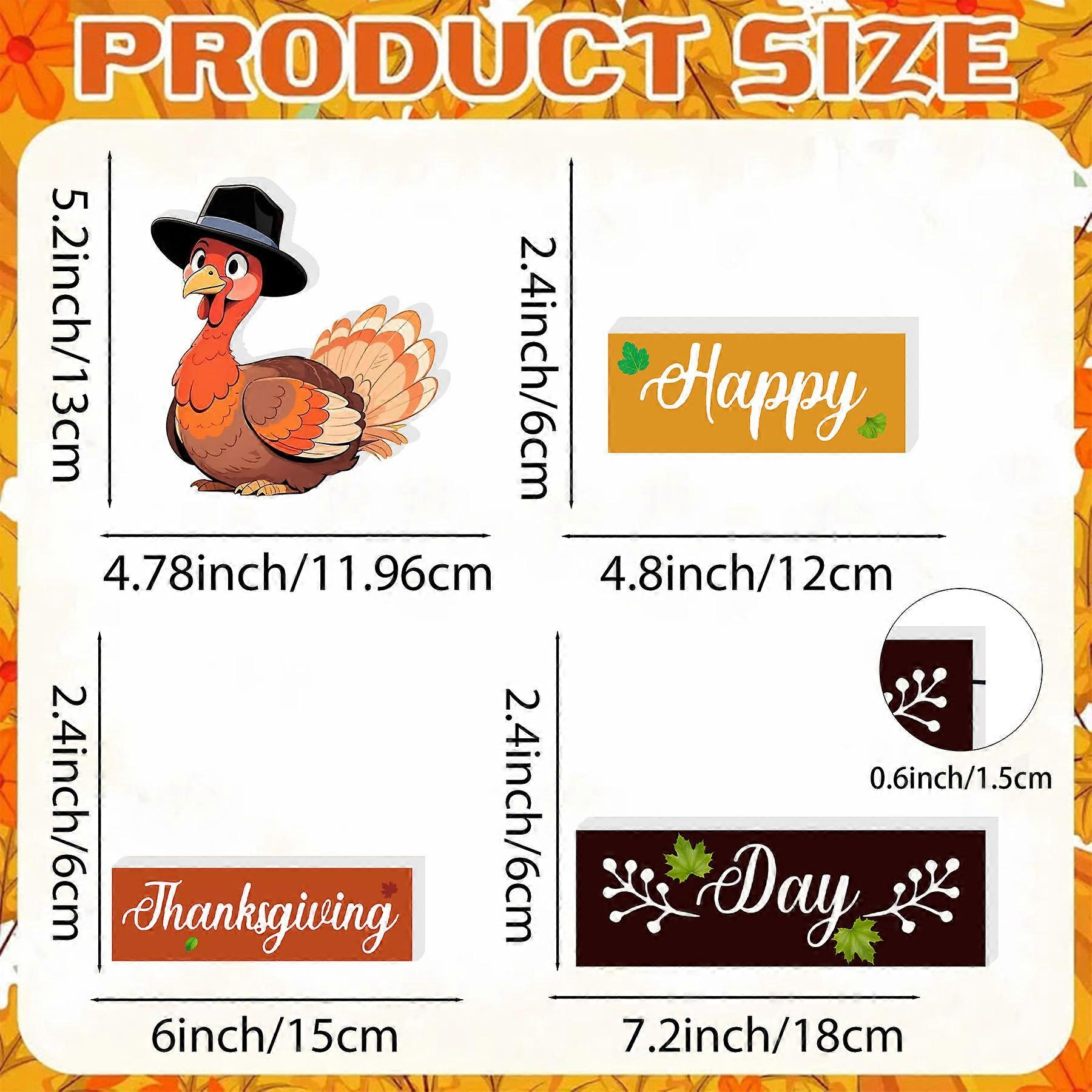 4 Happy Thanksgiving chevron ornaments, three with English letters and a chicken wearing a hat