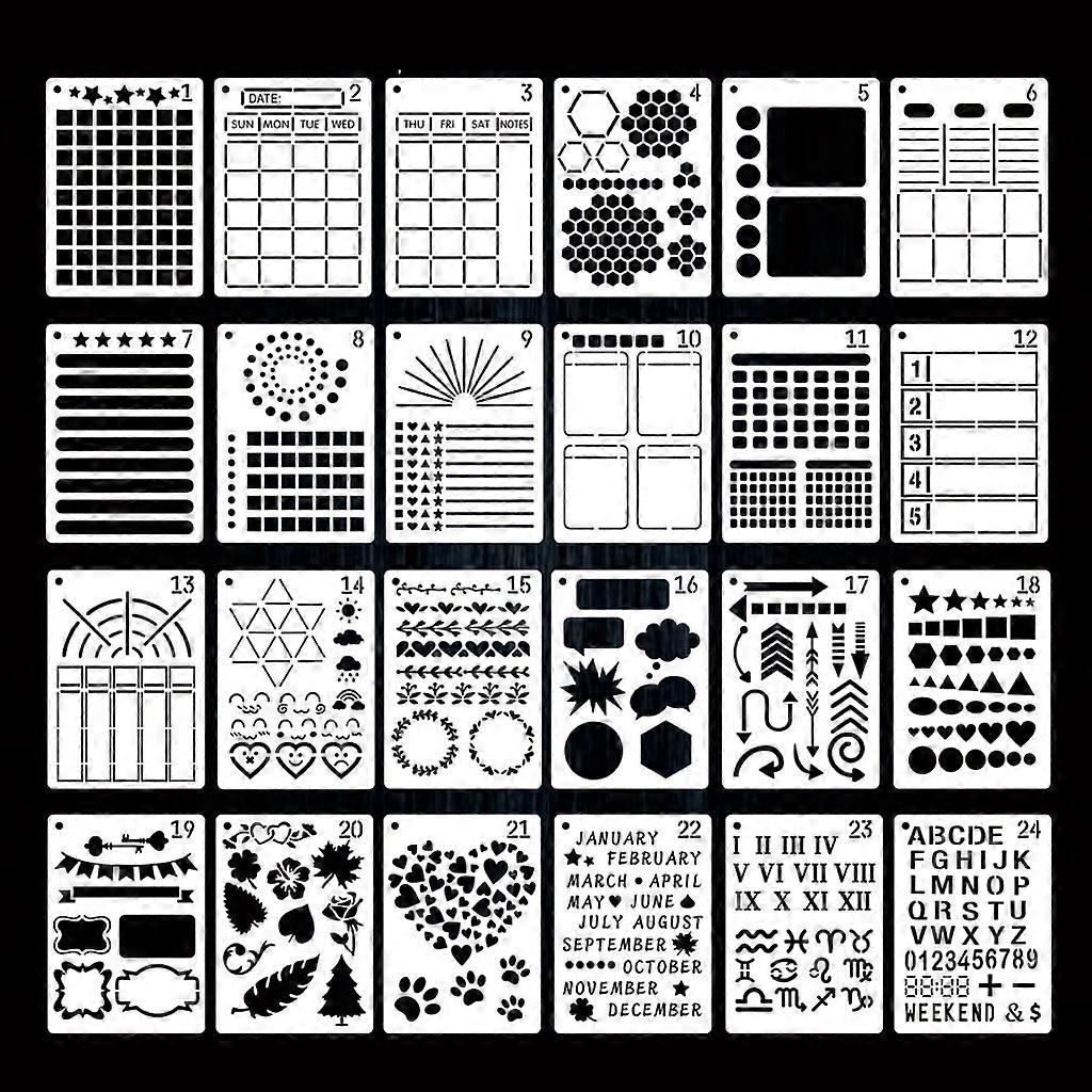 24 Pack Journal Planner Stencils, Reusable Bullet Stencils Set for A5 Notebook & Most Journals, Includes Letter Stencil