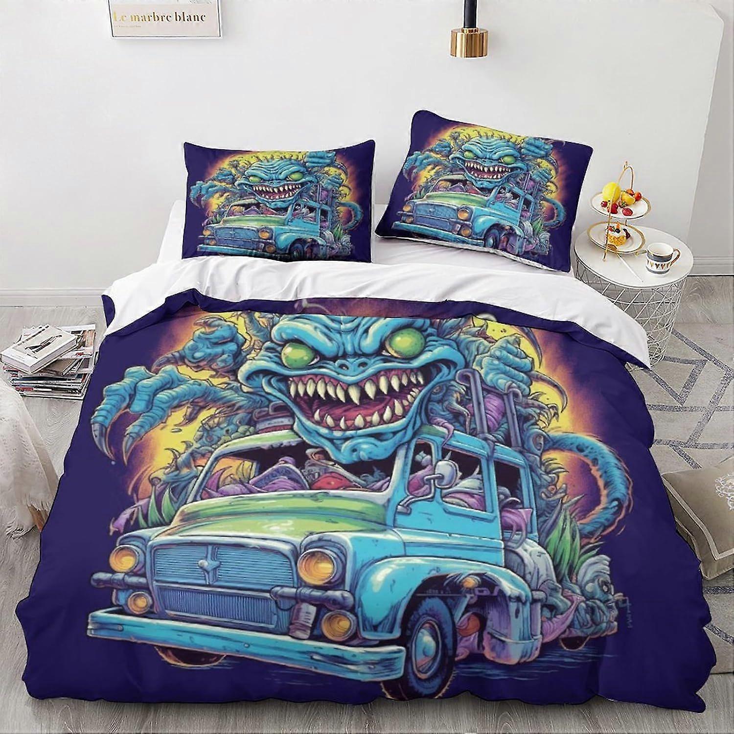 LikeEj monstros edredom capa desenhos animados impresso roupa de cama conjunto macio microfibra vintage carro colcha capa com zíper fechamento rei