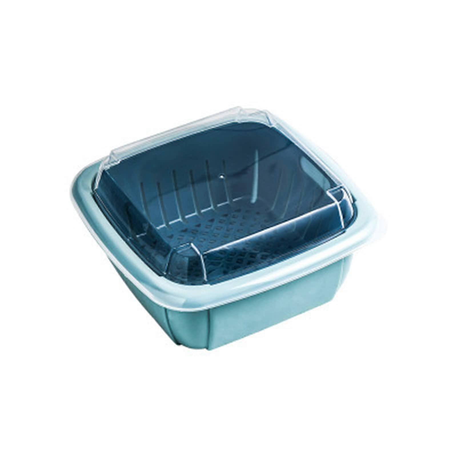 Double-Layer Drain Basket Multifunctional Square Refrigerator Crisper Storage Box with Lid, PP Material, 22cm x 22cm x 12cm, Blue