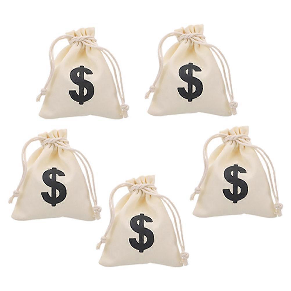 Beige Canvas Money Bags with Drawstring Closure for Storage 5Pcs Set