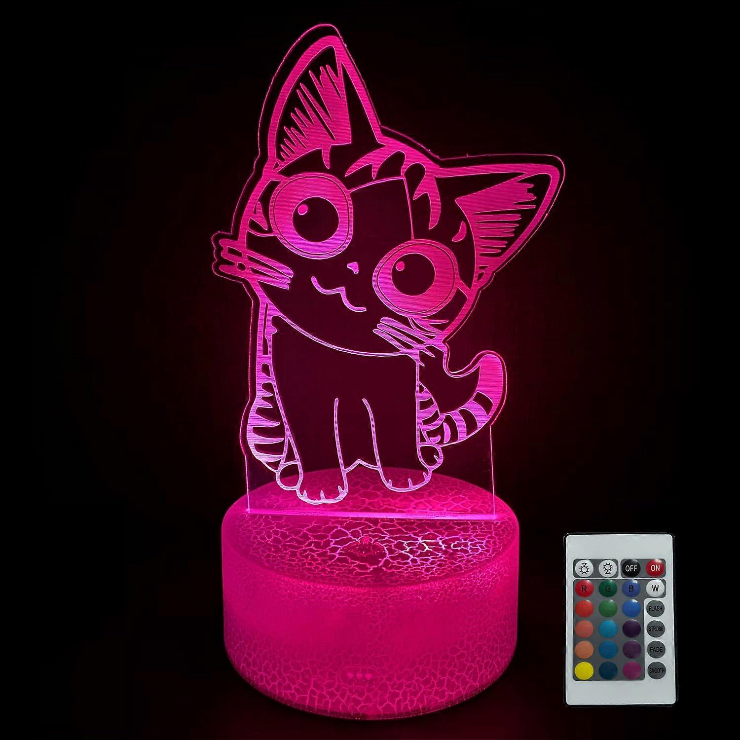 Cute Cat 3D Illusion Night Light with 16 Colors Remote Touch Control USB Bedroom Decor