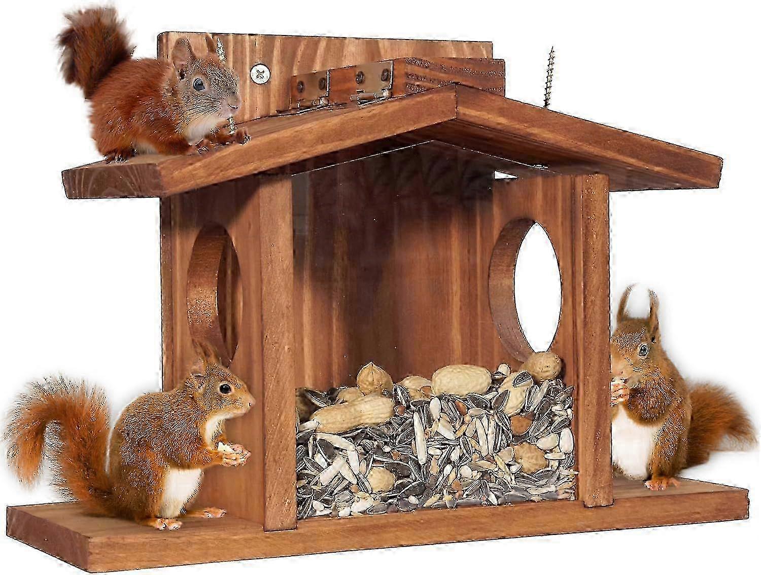 Wood Squirrel Feeder, Squirrel Feeders for Outside Winter, Wooden Chipmunk Feeder for Corn, Peanuts, Durable Box Easy to Fill with Removable Front Pan