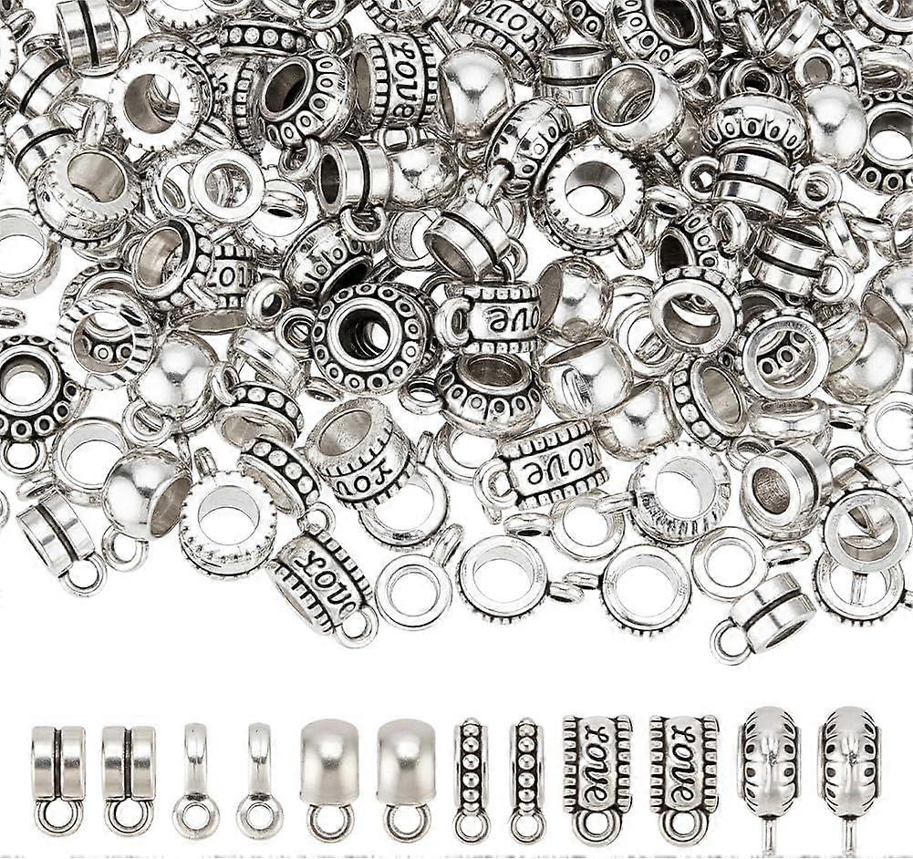 180 Pcs 6 Styles Alloy Bail Beads Charms Tube Bail with Loop Carving Column Charms Spacer Loose Bead Dangle Hanger Beads for Crafting Jewelry Making