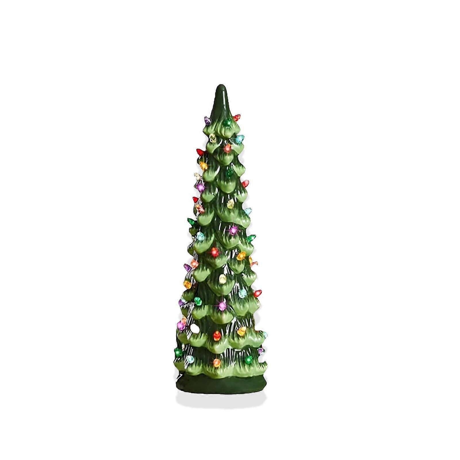 Hand Painted Ceramic Christmas Tree with LED Lights and Timer, Battery Powered Tabletop Decor