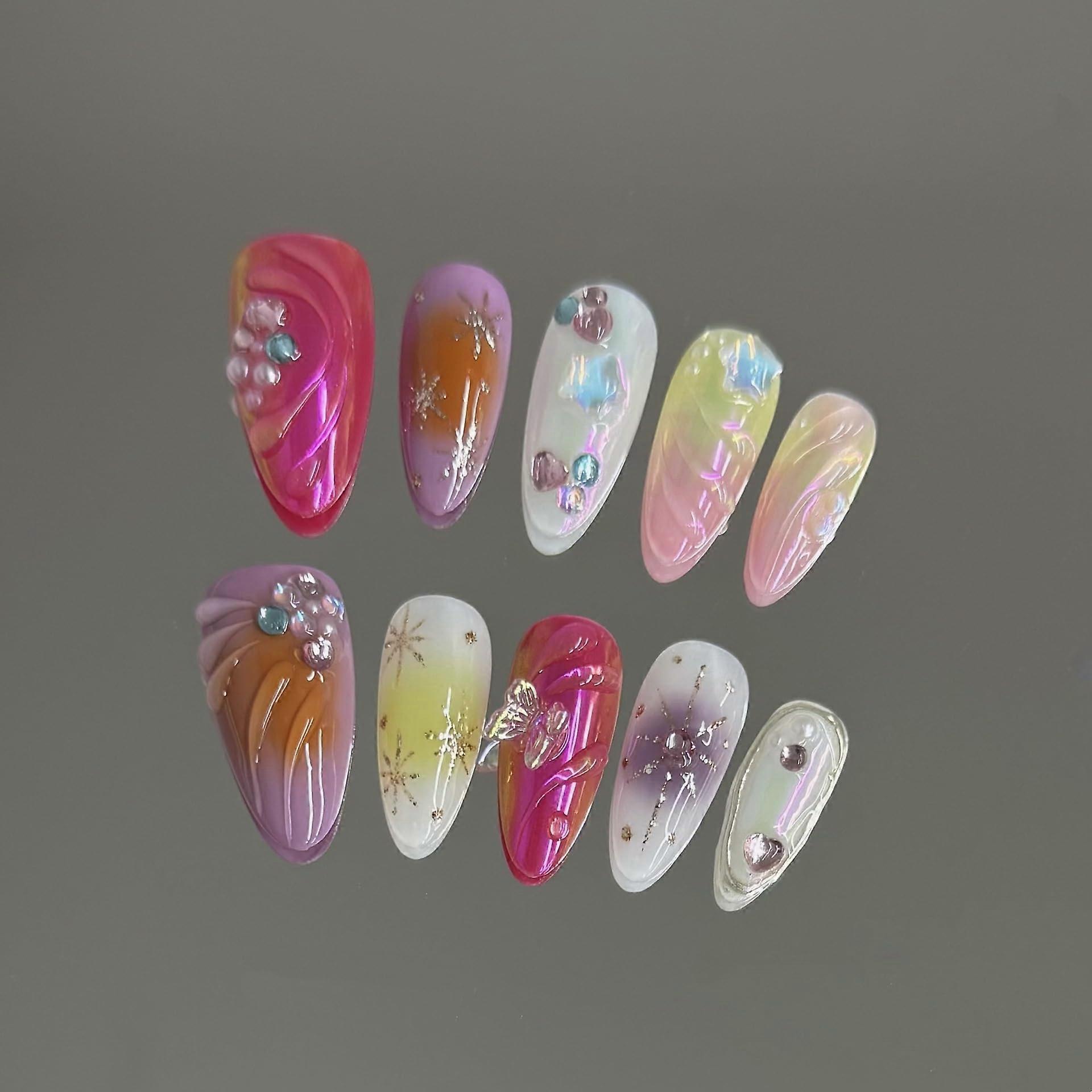 Handmade 3D Press On Nails Almond Shape Gradient Chrome Gloss with Gems Reusable XS Size