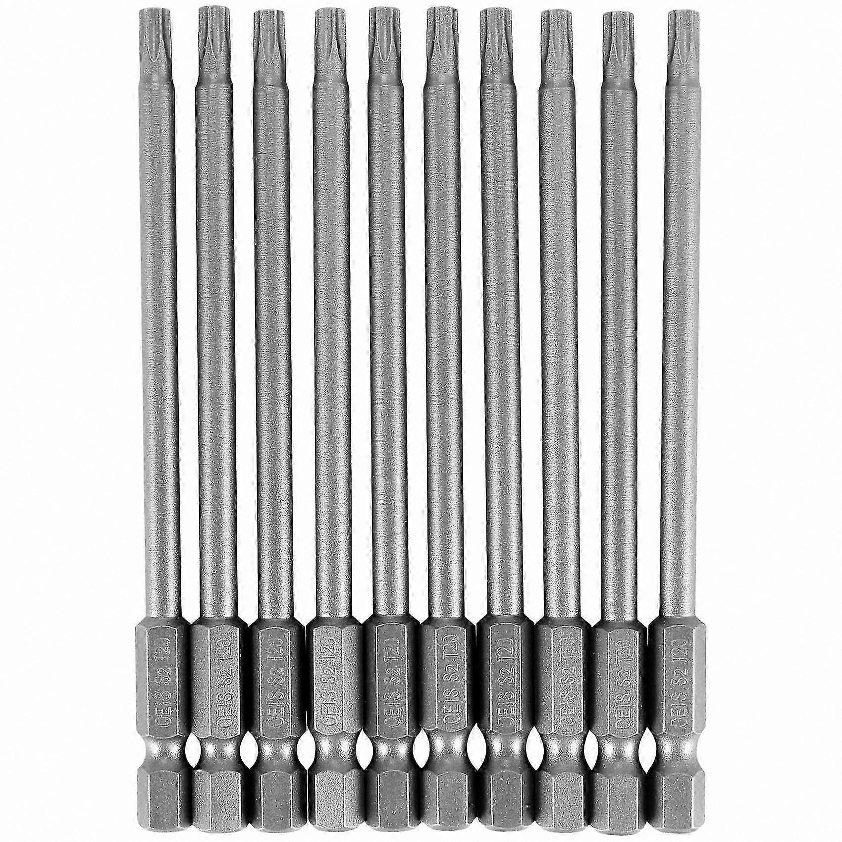 10-Pack T20 Torx Security Bits, 100mm Length, 1/4" Hex Shank Screwdriver Bits for Secure Fastening Solutions
