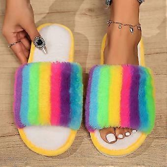 Rainbow fur slippers for home use thick-soled warm non-slip cotton slippers thickened velvet open cotton slippers