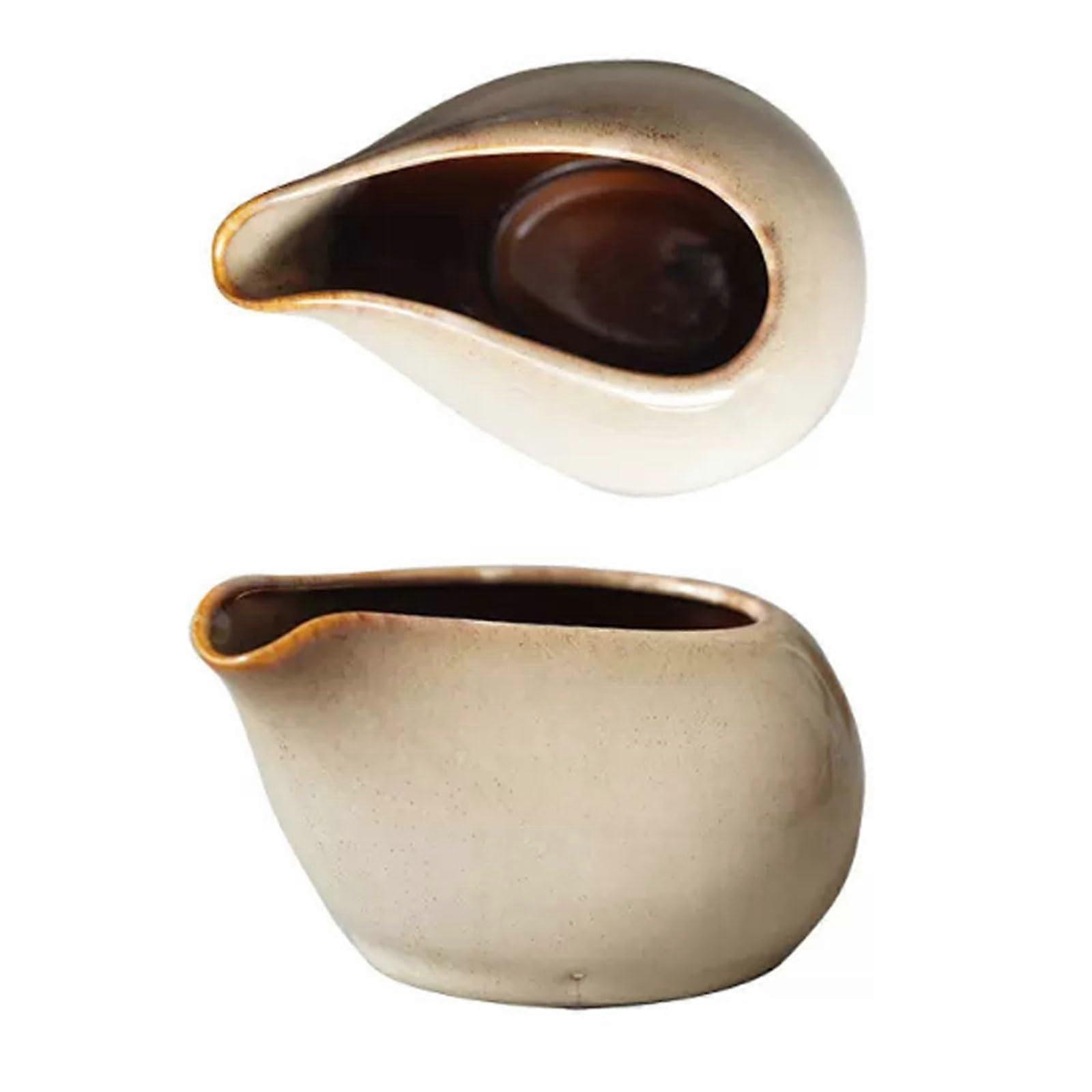 Ceramic Creamer Pitcher Set with Drip Precision Spout, Handmade Glazed Small Milk Jug Brown
