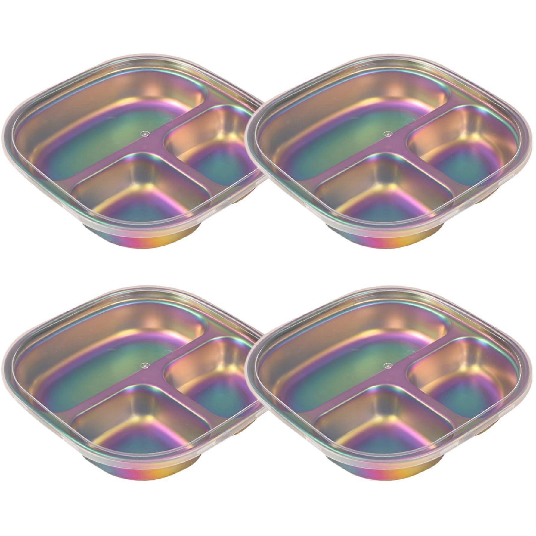 4Pcs Stainless Steel Kids Plates with Lids, 3 Compartment Portion Control Design, Stackable Dinner Tray