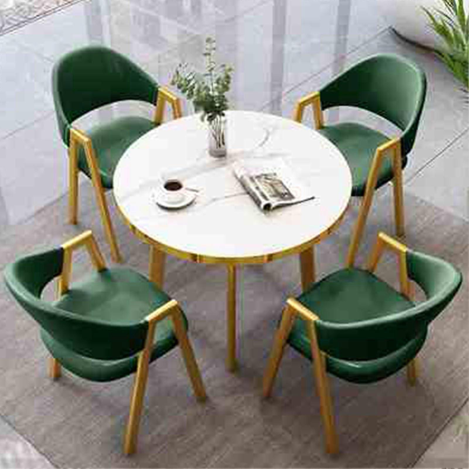 Round Dining Table Set with Comfortable PU Seating, Dark Green SpaceSaving Design for 4