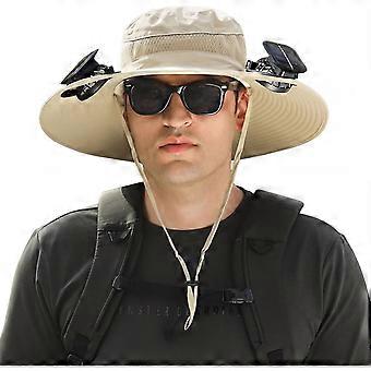 Utendørs solhatt med bred brem og 2 solcellevifter Bøttehatt Fiskehatt for menn og kvinner UPF 50+ USB-oppladbar strandhatt med vifte