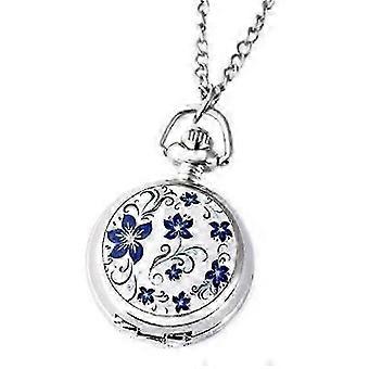 Vintage Silver Lotus Blue Flower Pocket Watch for Couples - Classic Retro Quartz Timepiece