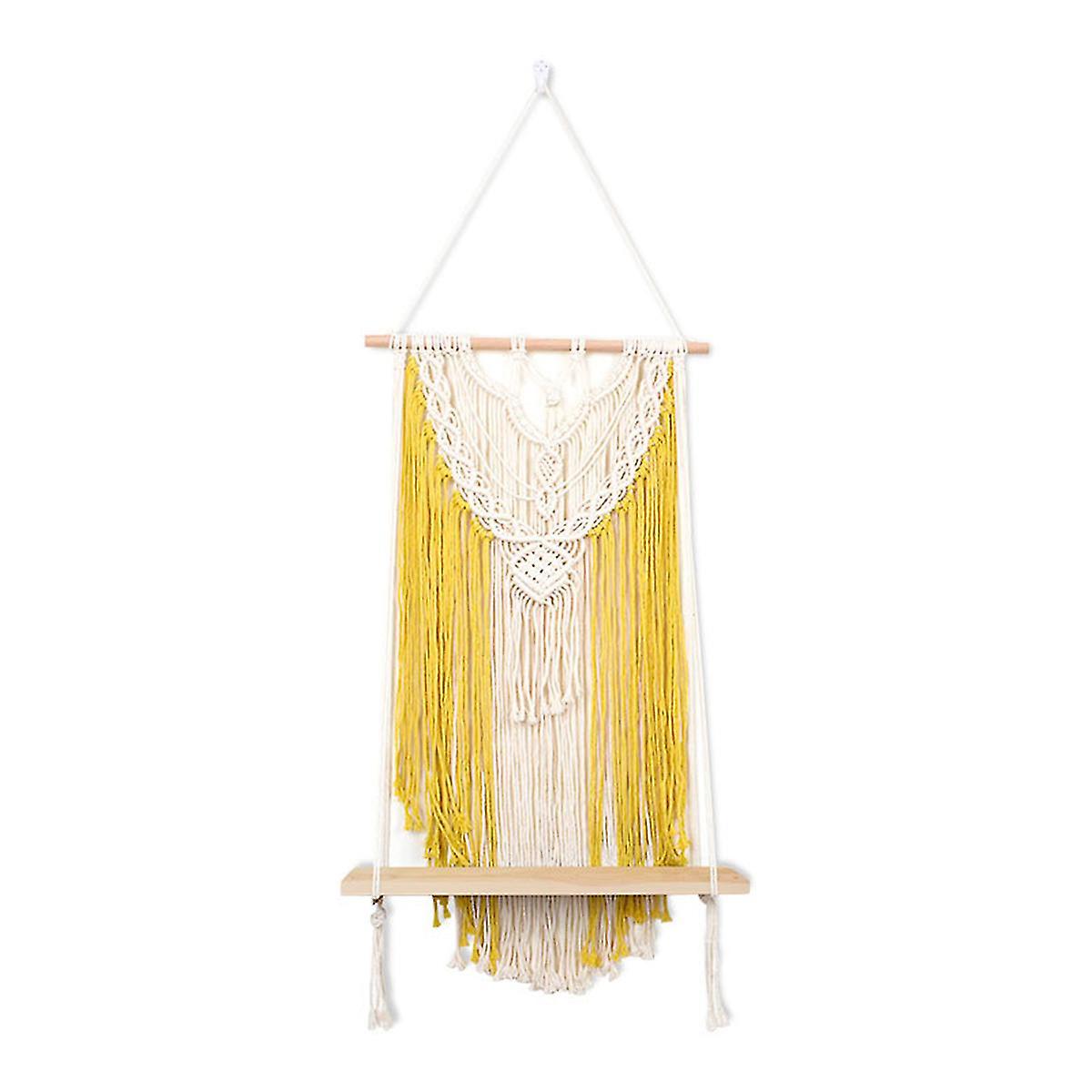 Wood Rack Bohemia Macrame Woven Wallmount Shelf Tapestry Tassel Hanging 42x78cm Colour-natural