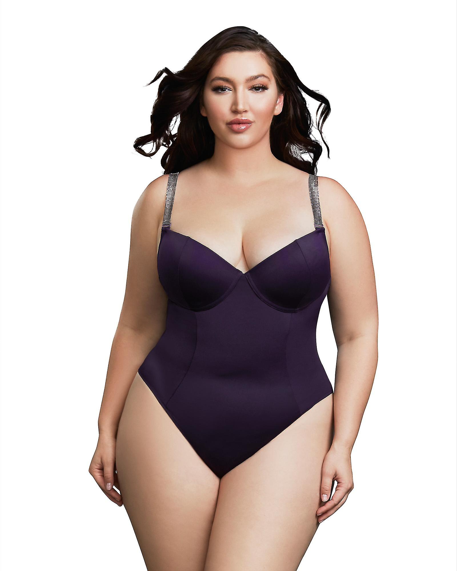 Eggplant Plus Size Microfiber Bodysuit With Chainmail Shoulder Straps