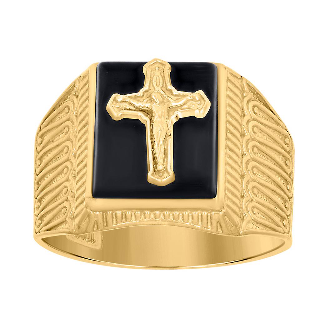 10Kイエローゴールドメンズブラックエナメル十字架クロス宗教リング-男性用リング-5.0グラム