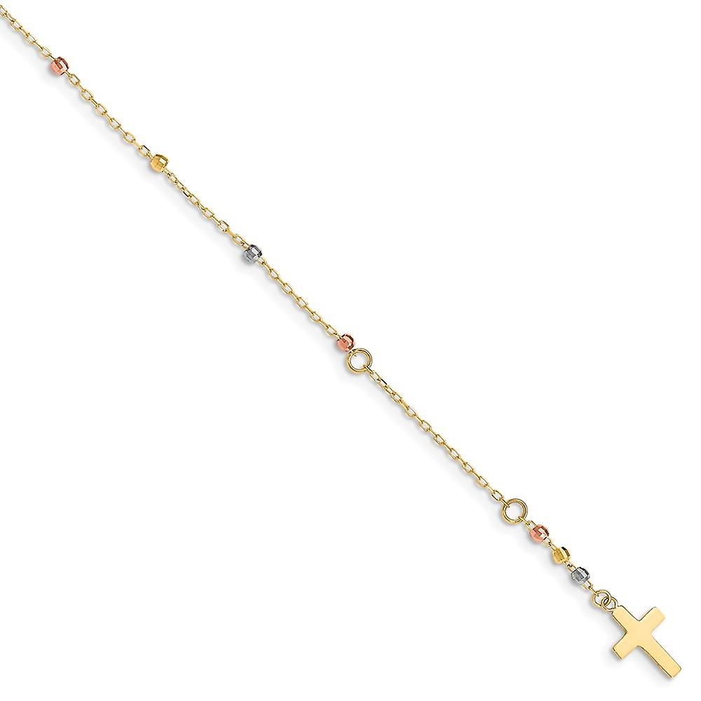 14k Polished Spring-Ring Tri Colored Gold Sparkle Cut Beaded Religious Faith Cross With 1 In Ext Bracelet 7 Inch 3mm Wid