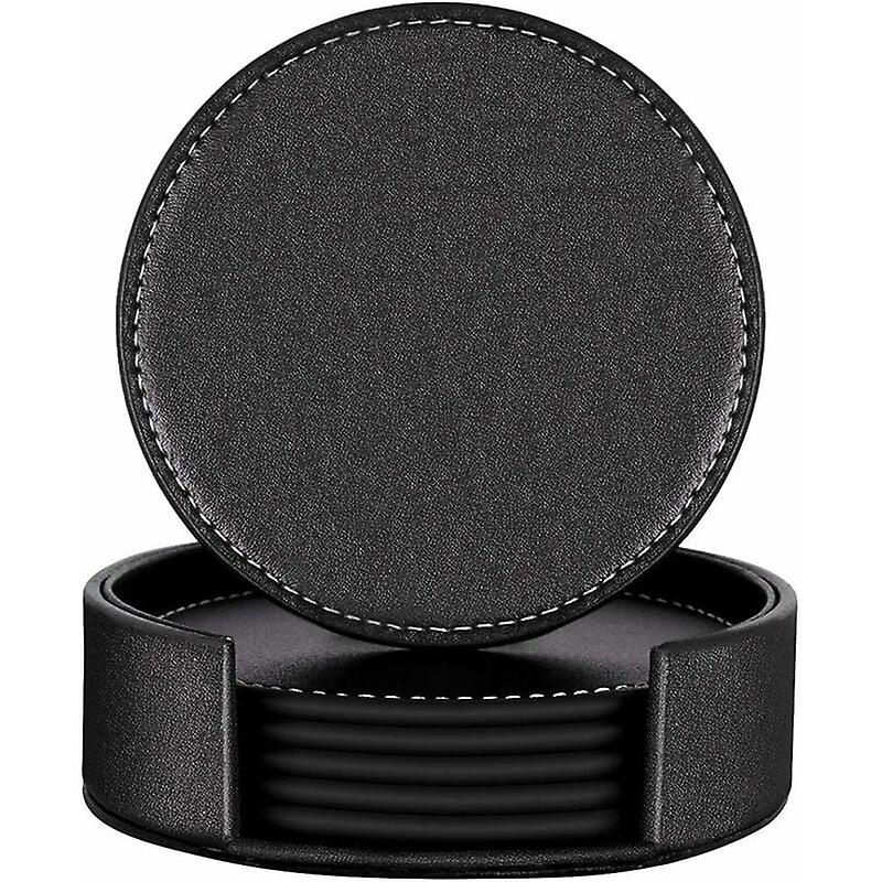 Coasters Square Leather Coasters for Parties Coffee Bar Pub Cup Mat Coasters Set of 6 Coasters with Holder Black-round