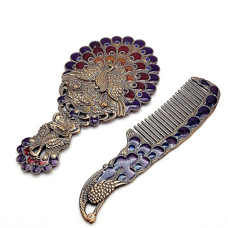 Vintage Handle Peacock Mirror Gift Box Comb Two-piece Portable Makeup Mirror