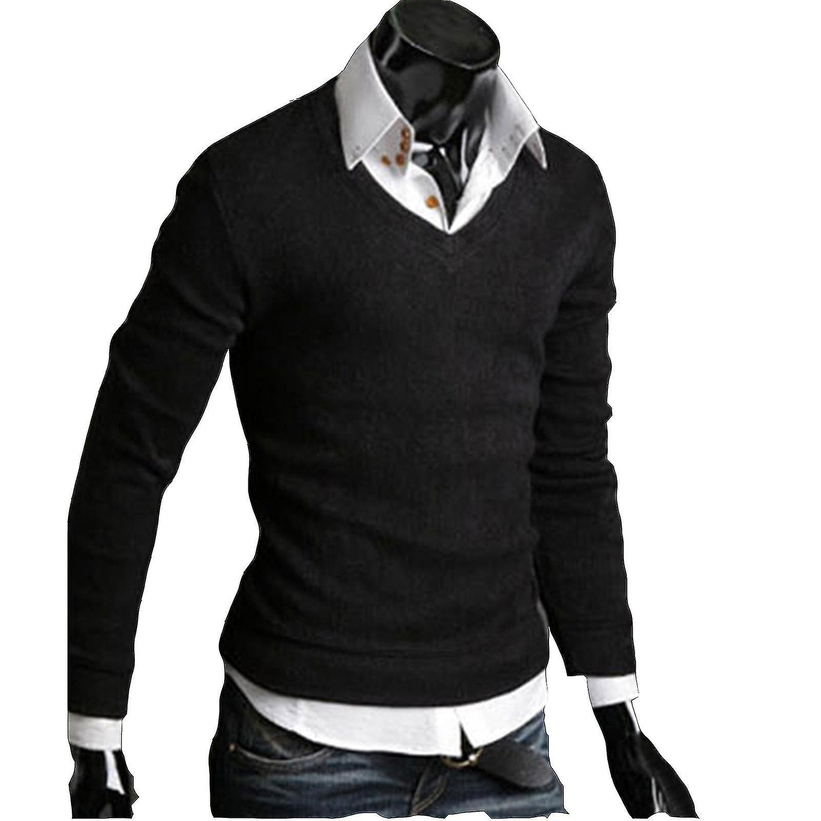 Plain V-neck Knitted Jumper Pullover Sweater
