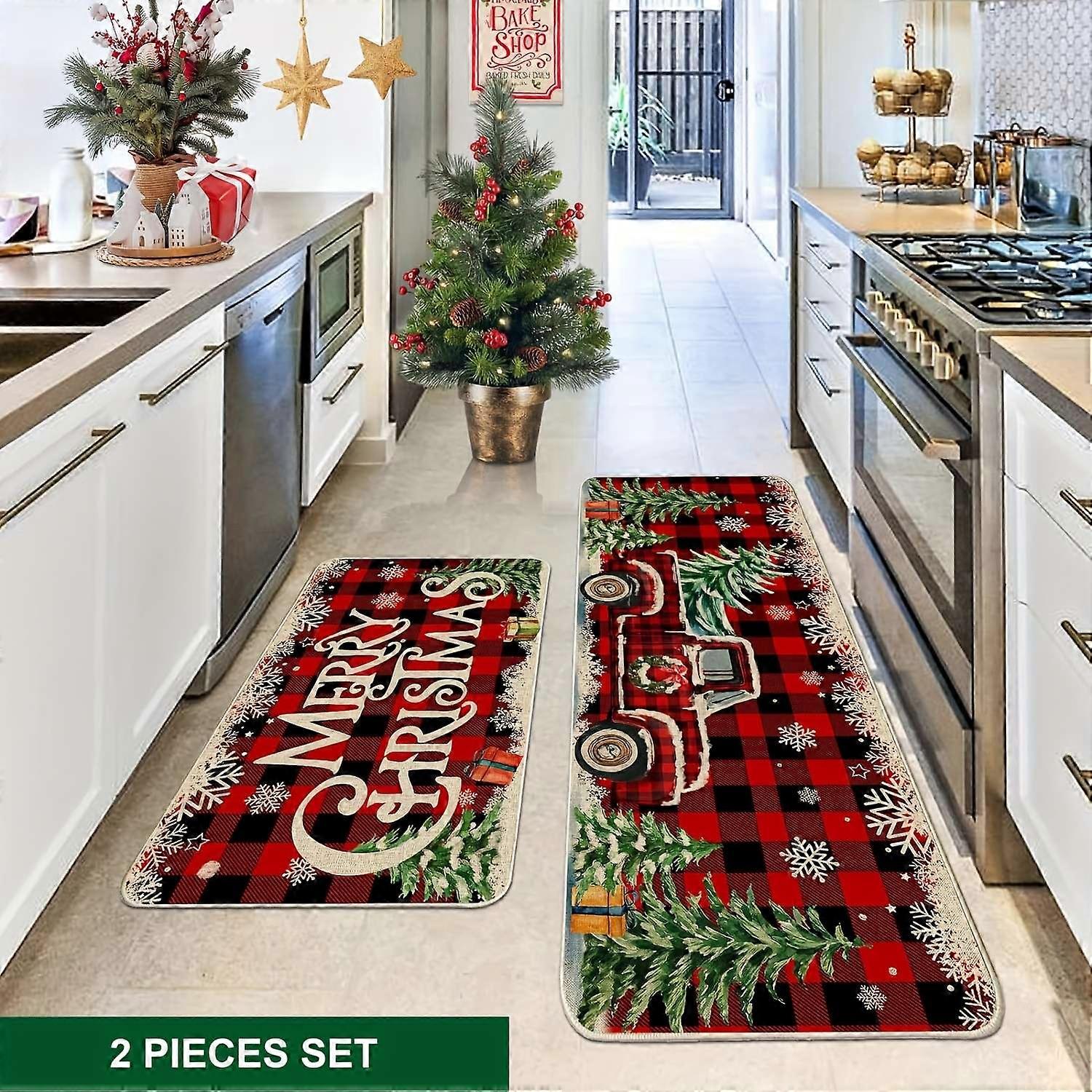 2 adet Noel Mutfak Paspas Seti Noel Mutfak Halı Seti 2-Çiftlik Evi Kamyon Kırmızı Buffalo Ekose C