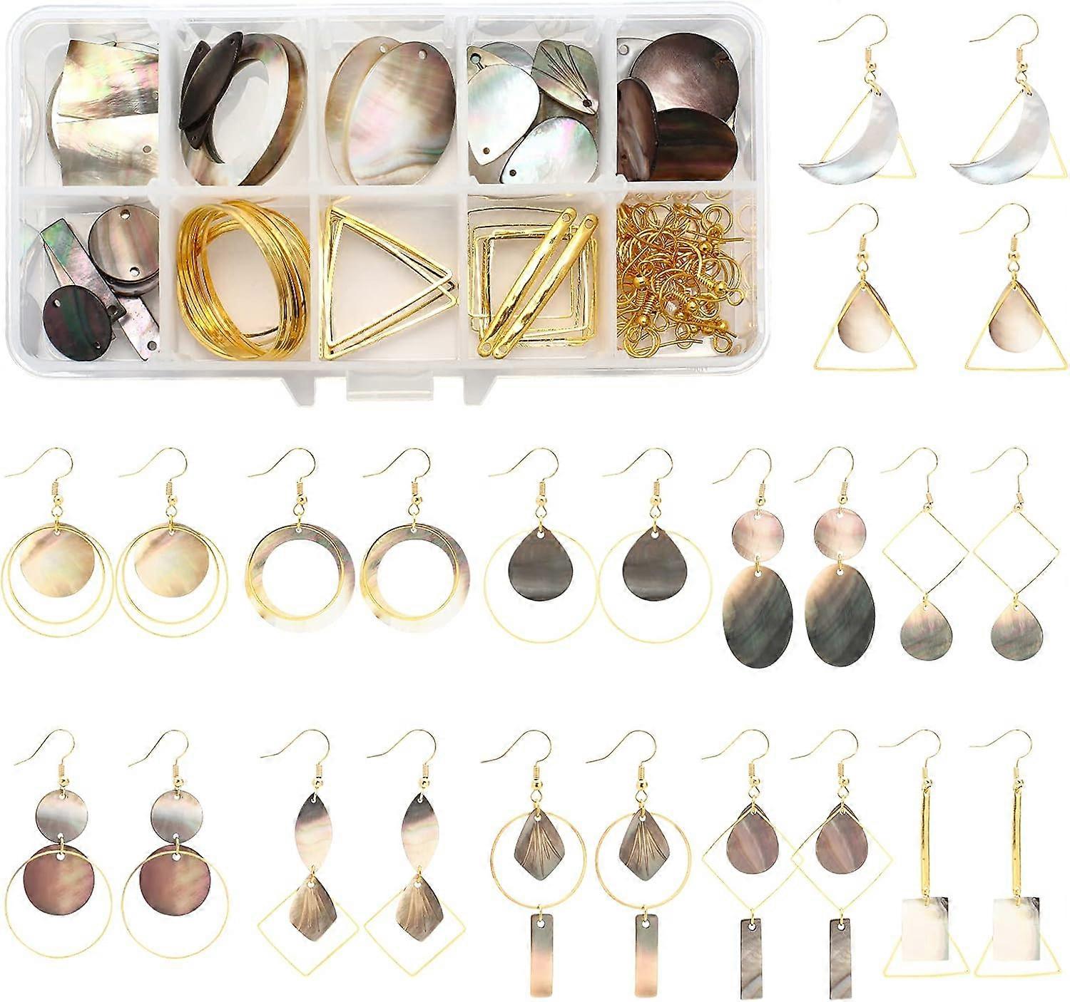 1 Box DIY 12 Pairs Geometric Natural Black Lip Shell Dangle Earrings Making Starter Kit Classic Drop Dangle Round Oval Rectangle Geometric Jewelry Mak