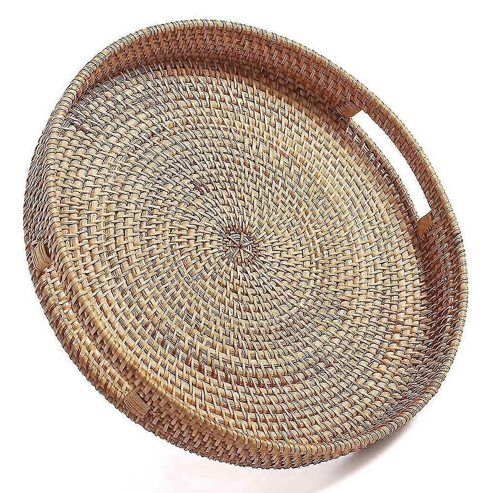 Round Rattan Serving Tray Decorative Woven Ottoman Trays With Handles For Coffee Table Natural(smal