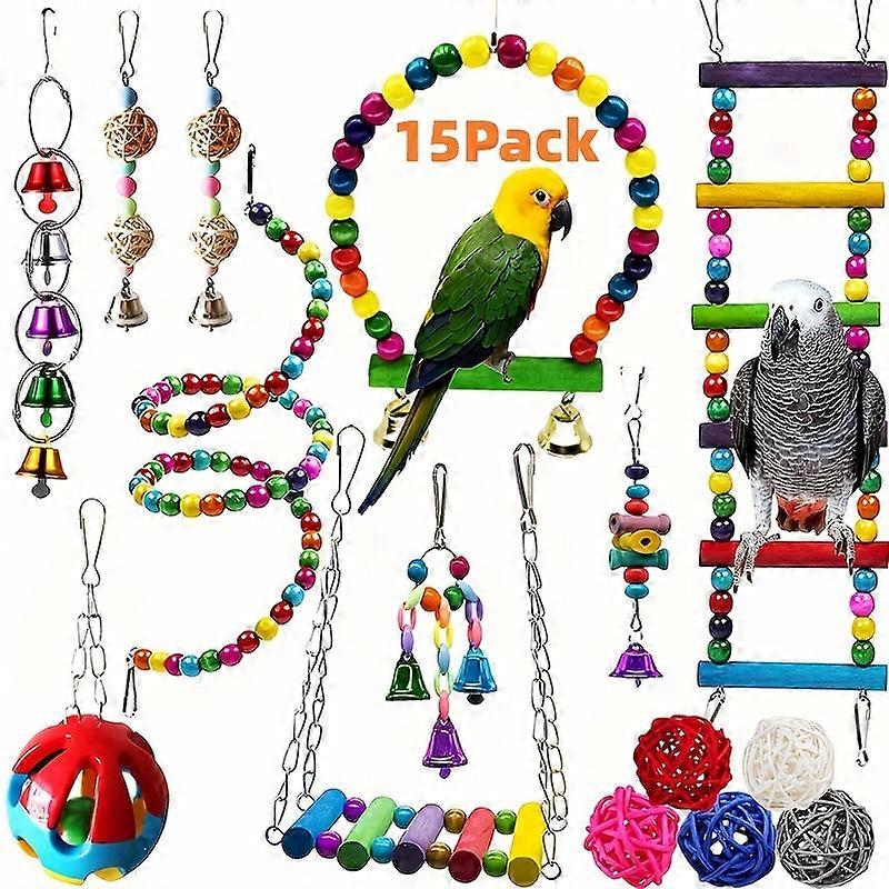 15pcs Vibrant Bird Playset - Swing, Chew & Perch Toys with Fun Bells - Cozy Hammock for Parrots & Cage Accessories - Durable & Stimulating
