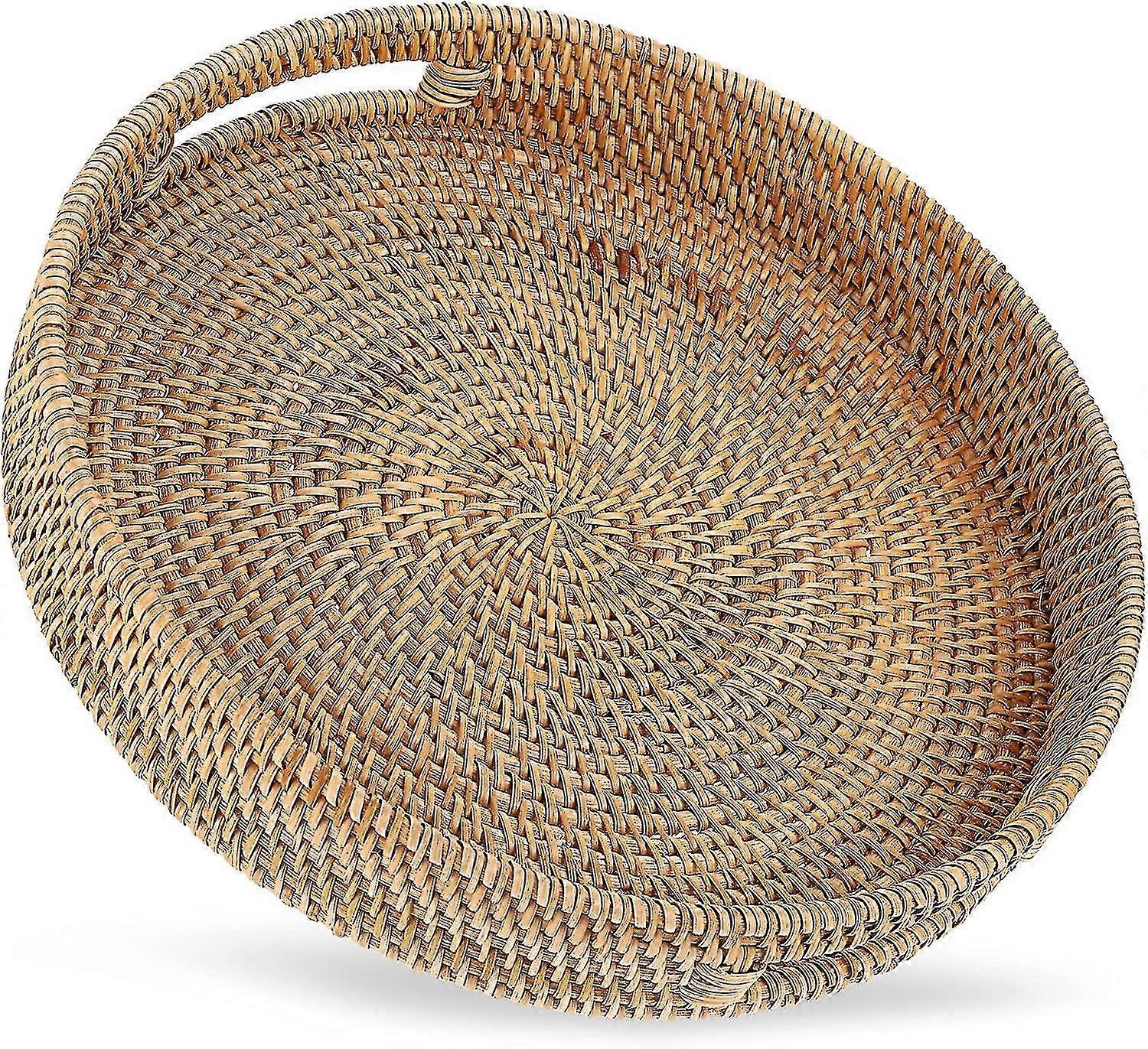 Round Rattan Tray With Handle Handwoven Rattan Fruit Storage Tray (small)