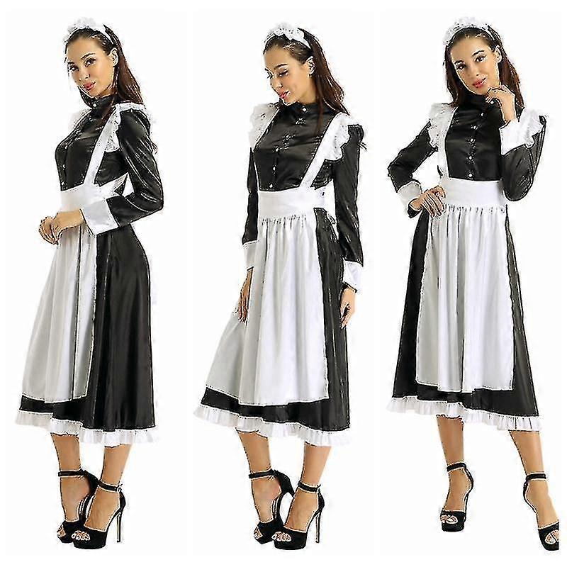 3pcs女性大人メイドコスプレコスチューム衣装ロングドレスエプロンとパーティー用ヘッドピース