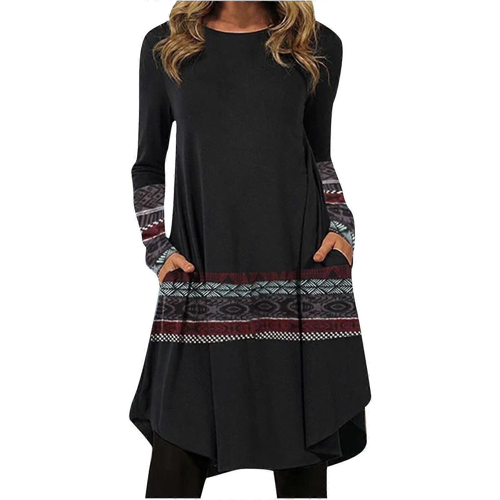 Mode Casual Kvinnor O-hals Långärmad Mini Klänning Tryckt Patchwork Klänning