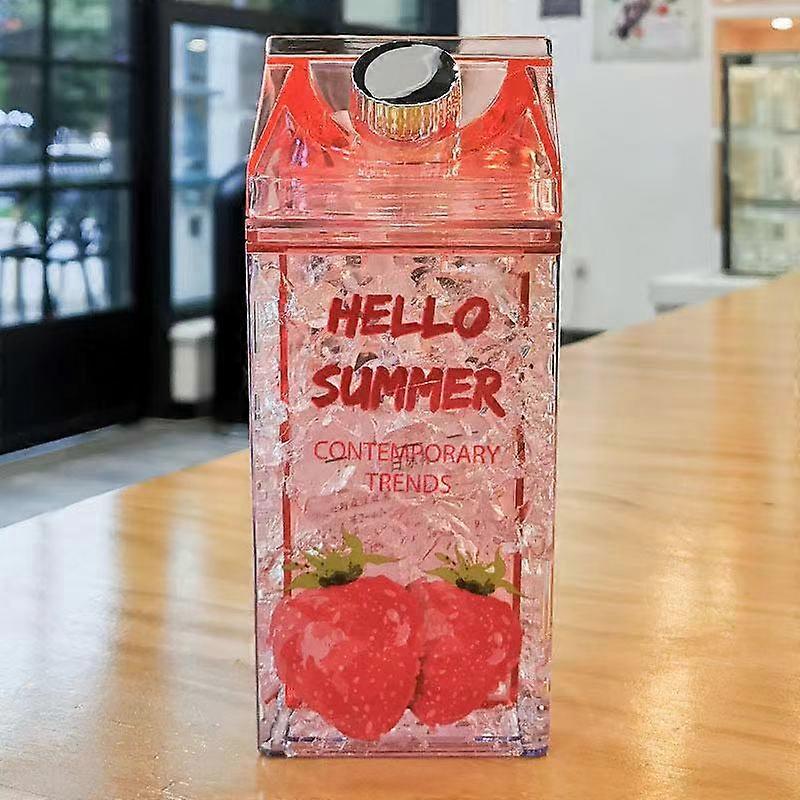 Summer Milk Box Shape Double Straw Outdoor Ice Cup Red 430ml