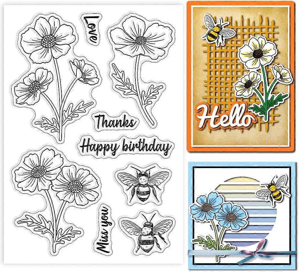 Cosmos and Bee Clear Stamps for Scrapbooking Daisy Flower Clear Stamps Flower and Bees Silicone Transparent Stamp for Card Making DIY Embossing Journa