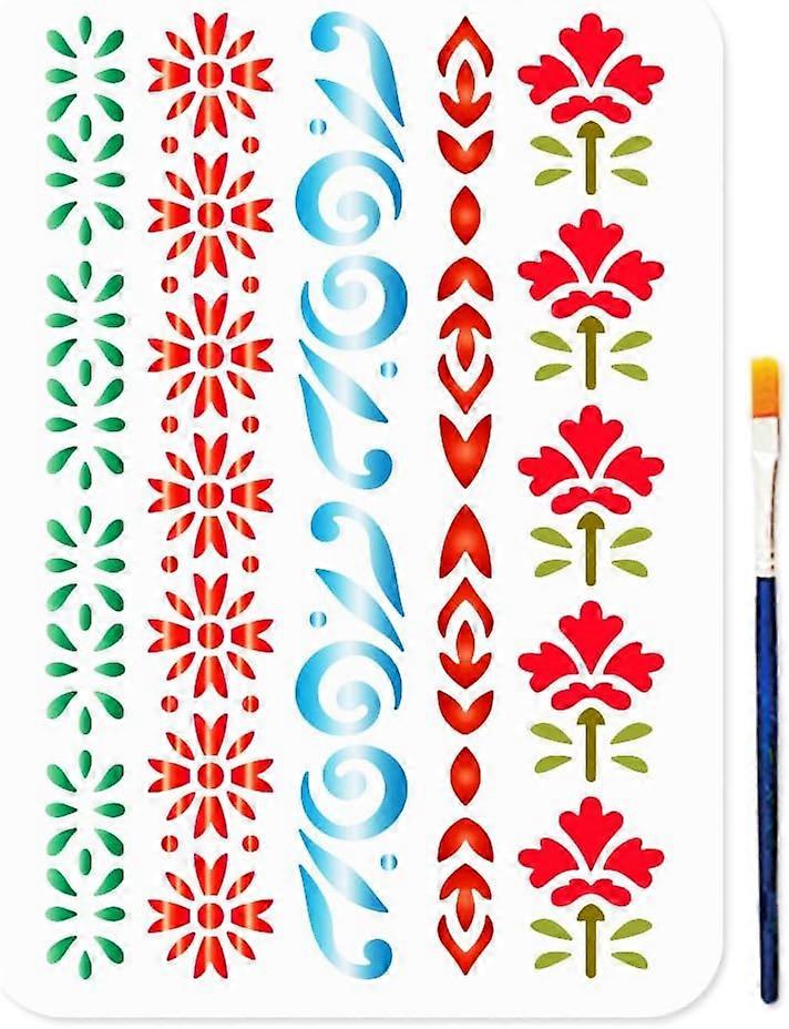 5 Styles Floral Border Stencil 11.7x8.3inch Flower Corner Border Template with Paint Brush Reusable Dividing Line Stencils for Wood Wall Window DIY Cr