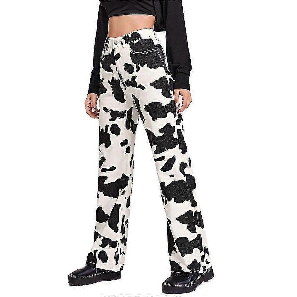 Dames Cow Print Denim Broek Boho Broek met wijde pijp