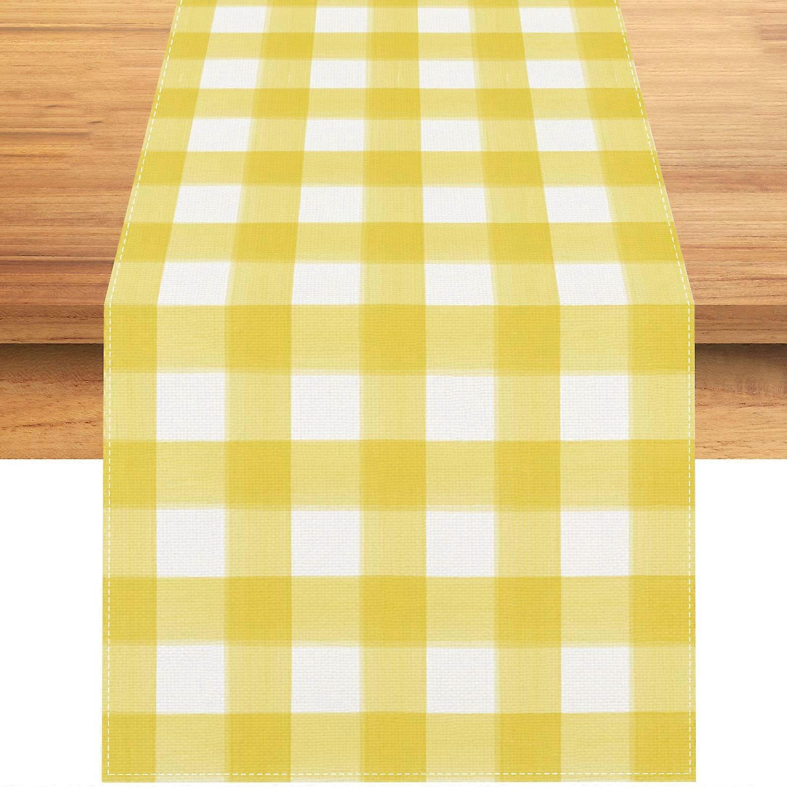 Linen Watercolor Yellow and White Check Plaid Table Runner, 72 Inch Farmhouse Style for Spring and Summer Decoration