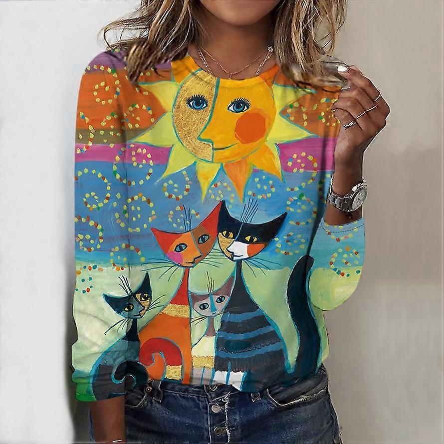 T-Shirt Donna Con Stampa Gatto, Girocollo Casual Top Estivo Alla Moda, Morbida Maglietta Per Donna