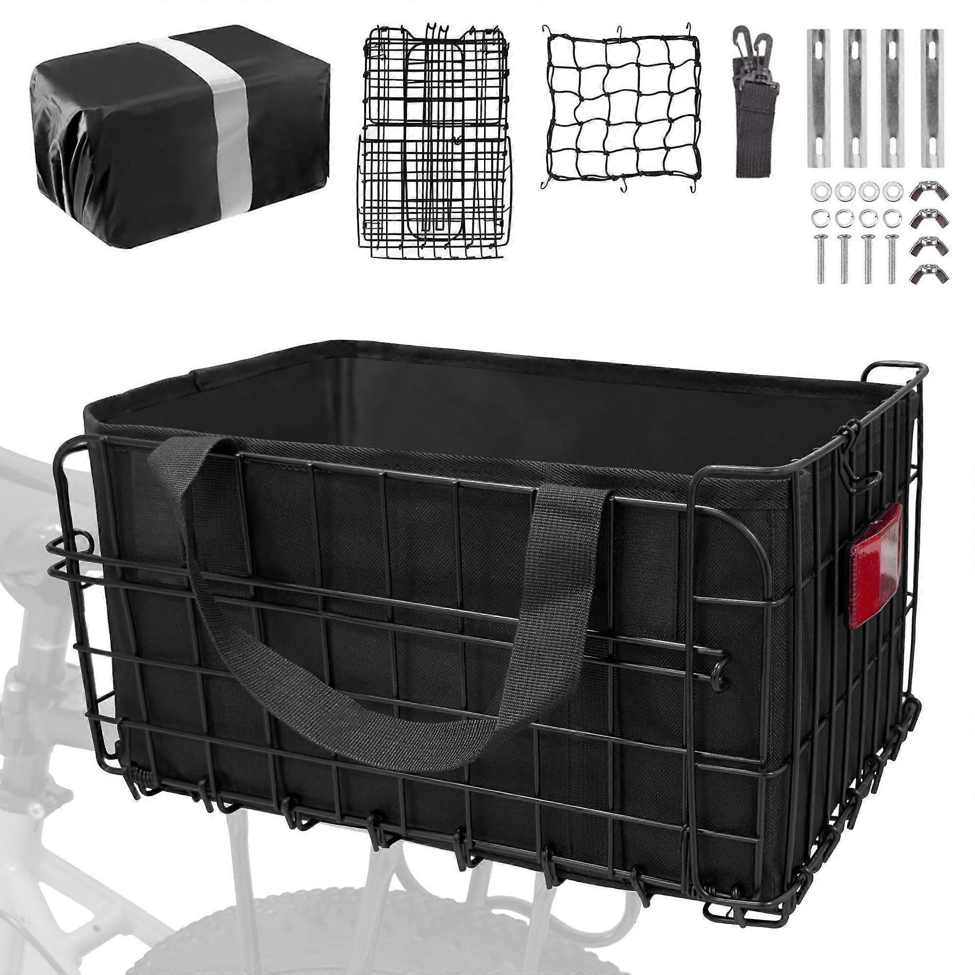Folding large capacity rear bike basket with removable liner and rain cover