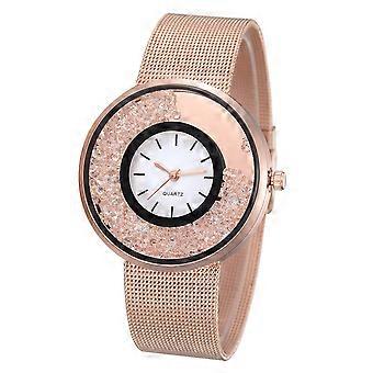 Mode Alliage Maille Ceinture Quartz Montre Perles Cristal Cadran Motif Montre Femme (Or Rose)