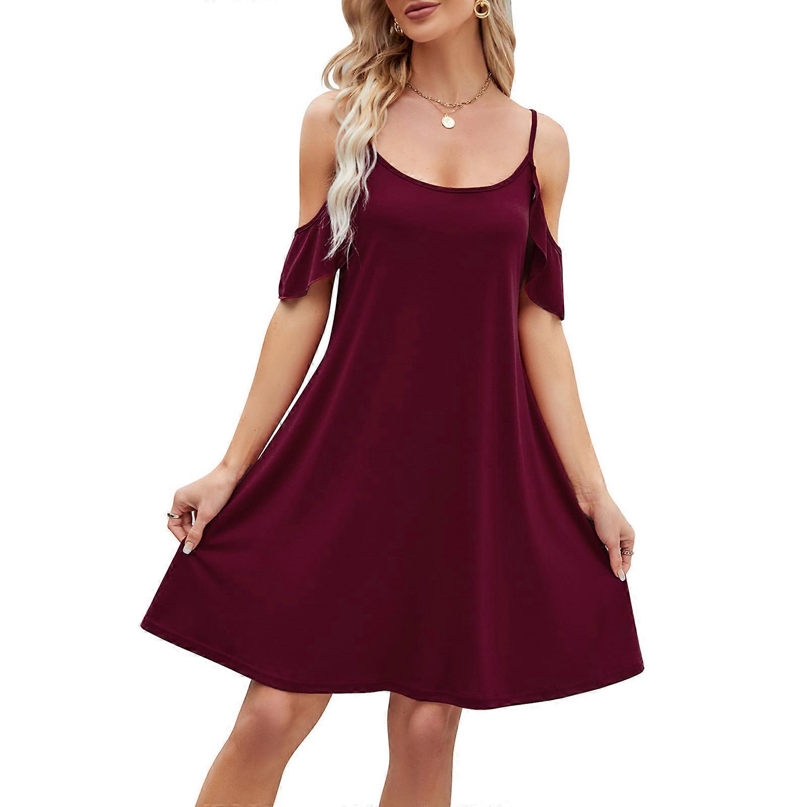 Womens Summer Spaghetti Strap Cold Shoulder Solid Color Swing Short Dress Ruffle Sleeve High Waist A-Line Flowy Dresses Burgundy L | Fruugo NO Womens Summer Spaghetti Strap Cold Shoulder Solid Color Swing Short Dress Ruffle Sleeve High Waist A-Line Flowy Dresses Burgundy L | Fruugo NO