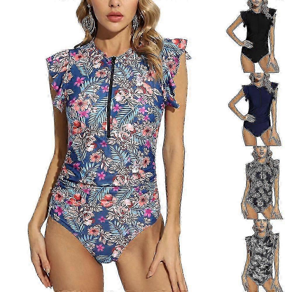 Maillot de bain une pièce flatteur à volants pour femme avec fermeture éclair sur le devant et manches courtes