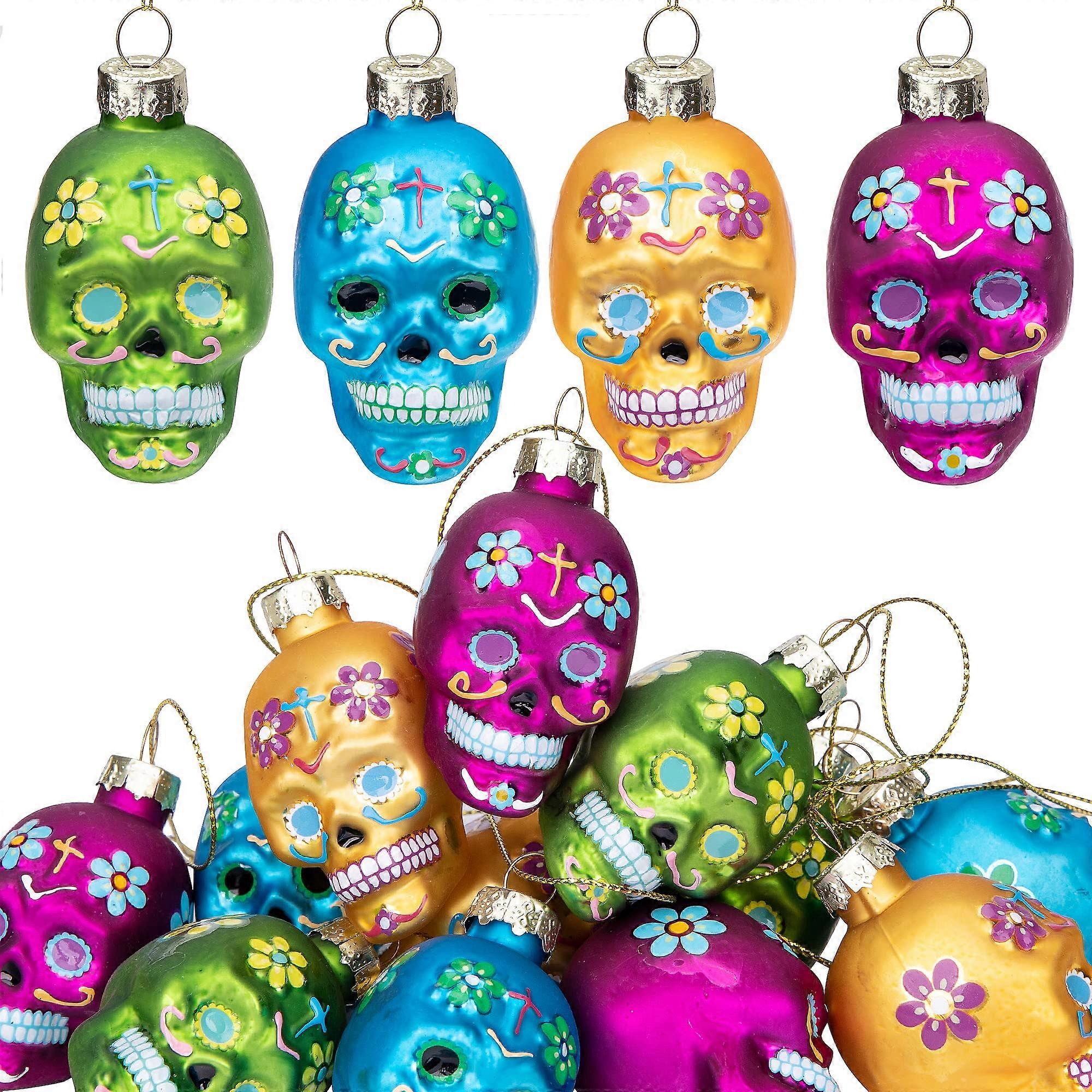 12 PCS Sugar Skull Glass Ornaments for Party and Xmas Tree Decoration