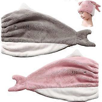 2 Pack Microfiber Hair Drying Towel Wrap Super Absorbent Cute Embroidery Coral Velvet Wet Hair Dry Turban Wrap Quick Dry (Gray & Pink)