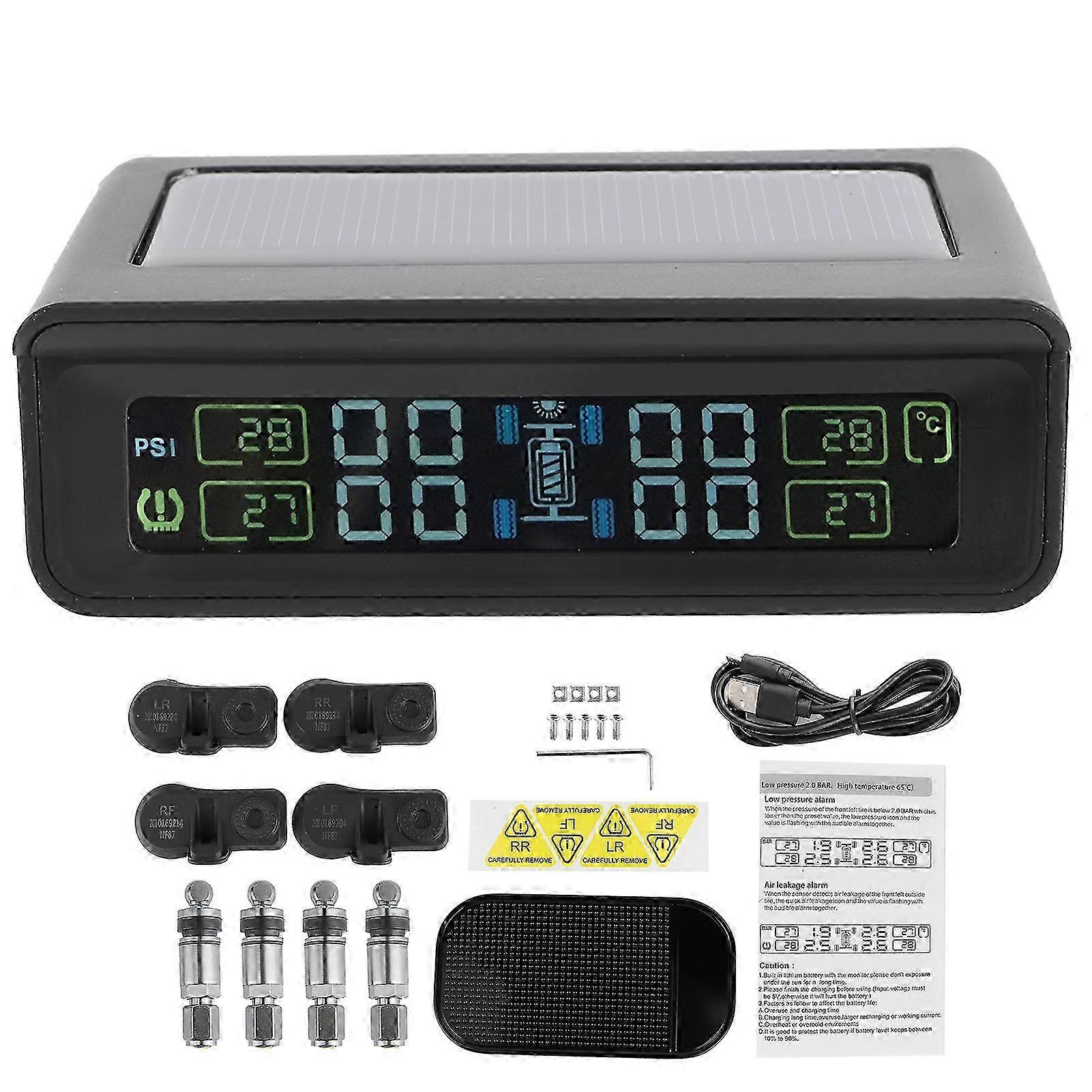 Wireless Tire Pressure Monitor Detector with 4 Sensors LCD Display Solar Charging